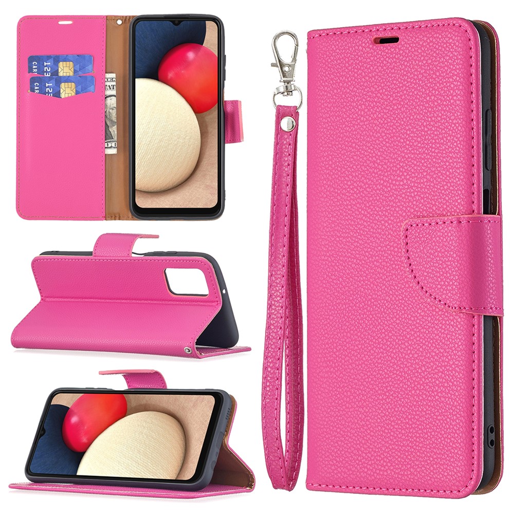 Leather Cover Litchi Texture Phone Case with Wallet Stand Design for Samsung Galaxy A03s - Rose-9
