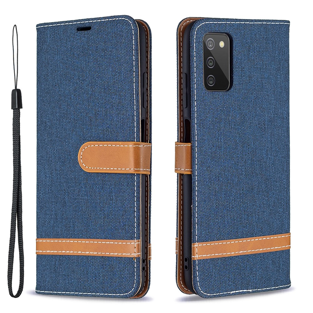 Color Splicing Jeans Cloth Coated Leather Wallet Stand Phone Case for Samsung Galaxy A03s - Dark Blue-1