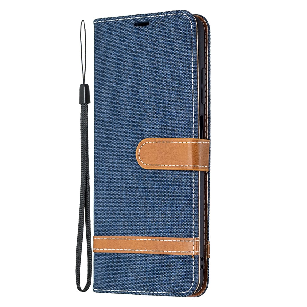 Color Splicing Jeans Cloth Coated Leather Wallet Stand Phone Case for Samsung Galaxy A03s - Dark Blue-2