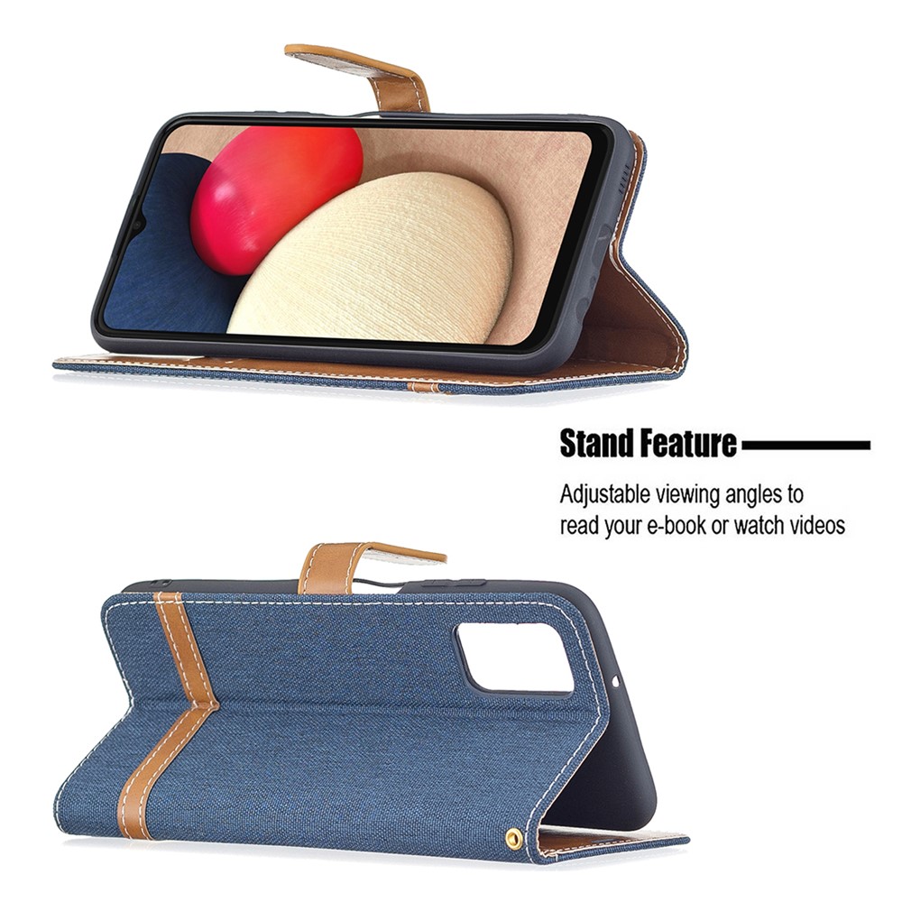 Color Splicing Jeans Cloth Coated Leather Wallet Stand Phone Case for Samsung Galaxy A03s - Dark Blue-4