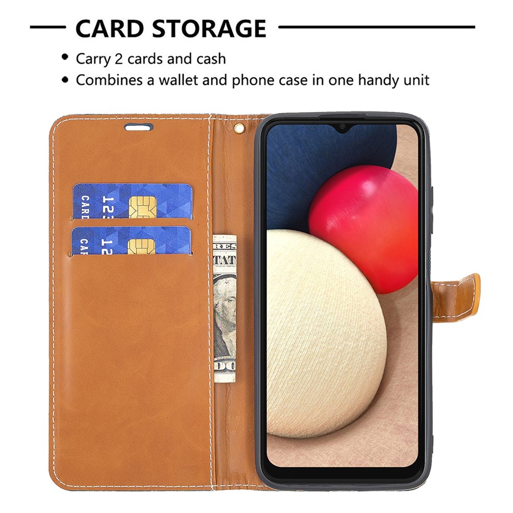 Color Splicing Jeans Cloth Coated Leather Wallet Stand Phone Case for Samsung Galaxy A03s - Dark Blue-5