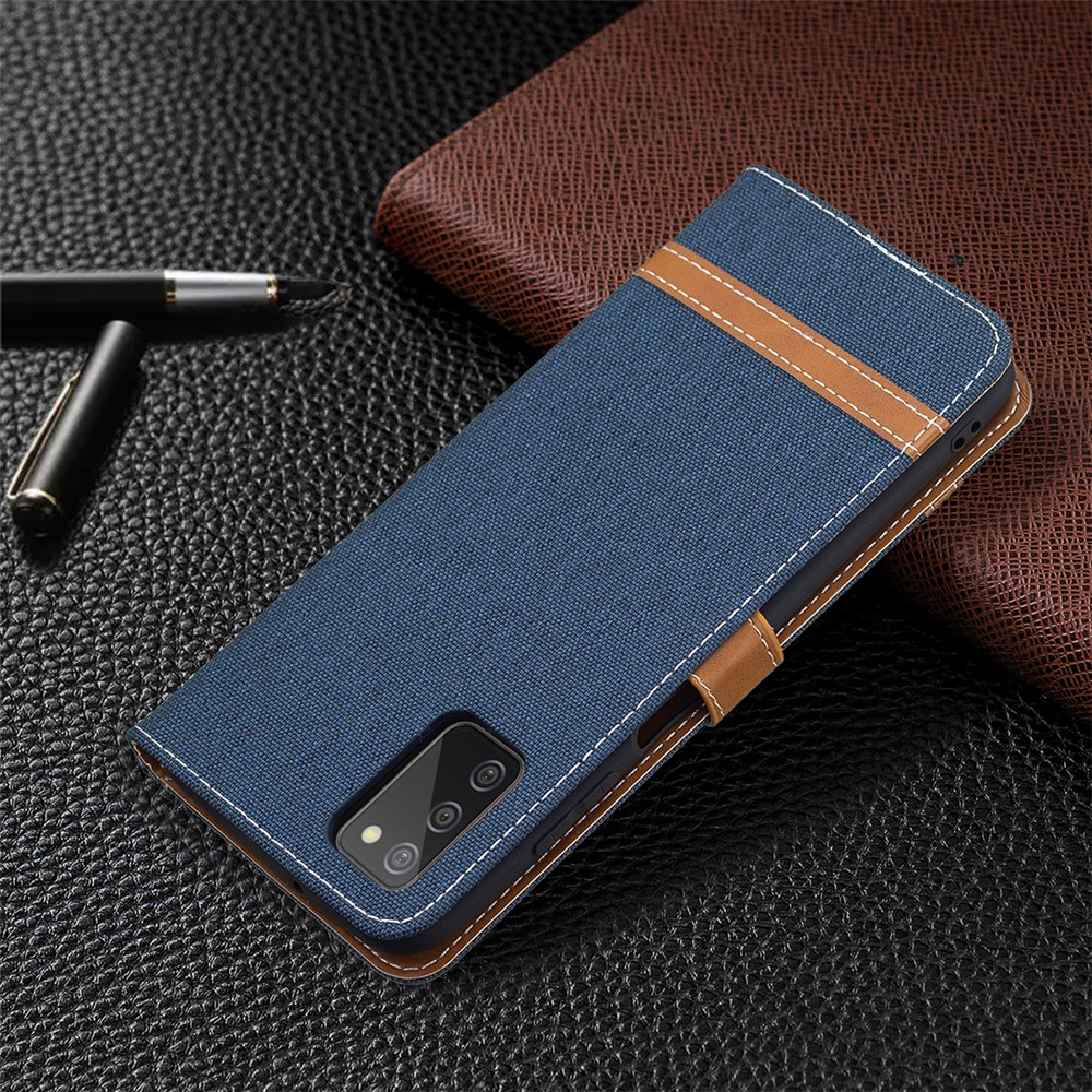 Color Splicing Jeans Cloth Coated Leather Wallet Stand Phone Case for Samsung Galaxy A03s - Dark Blue-7