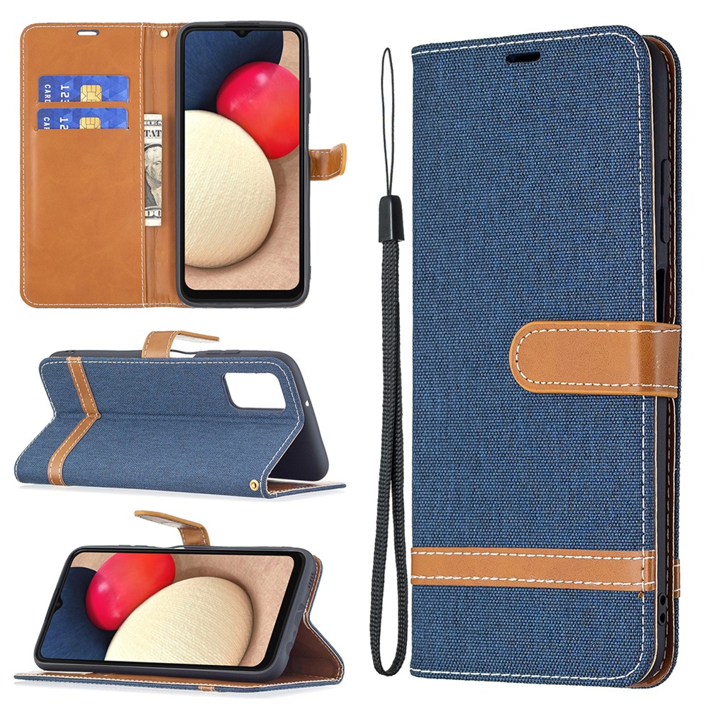 Color Splicing Jeans Cloth Coated Leather Wallet Stand Phone Case for Samsung Galaxy A03s - Dark Blue-8