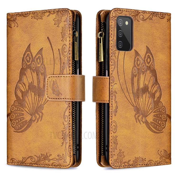Imprinted Butterfly Pattern Zipper PU Leather Case with Magnetic Closure for Samsung Galaxy A03s - Brown-1