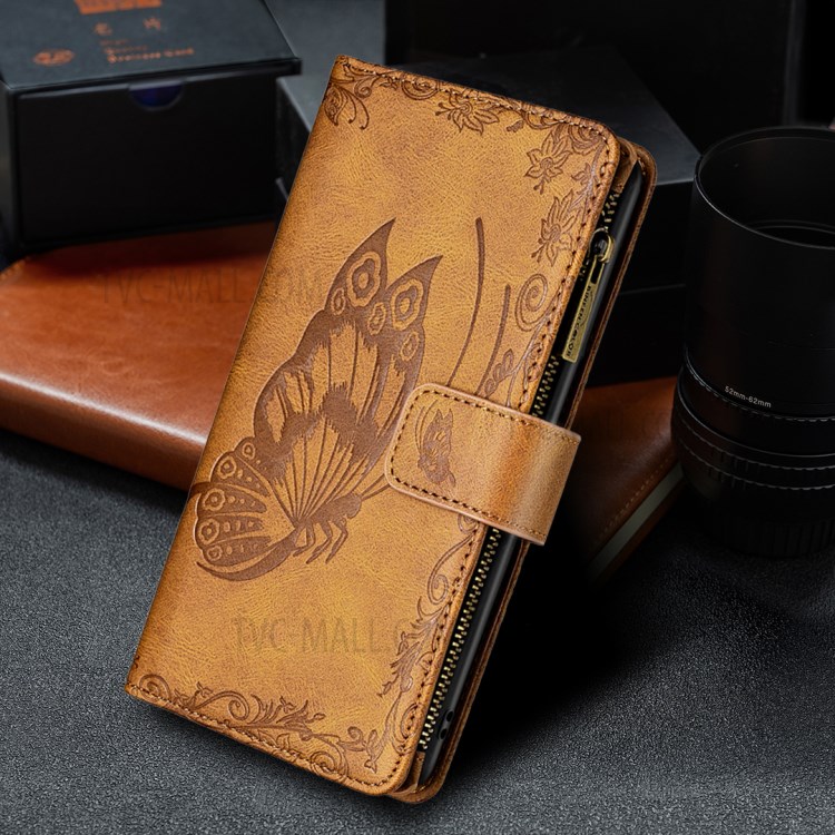 Imprinted Butterfly Pattern Zipper PU Leather Case with Magnetic Closure for Samsung Galaxy A03s - Brown-7