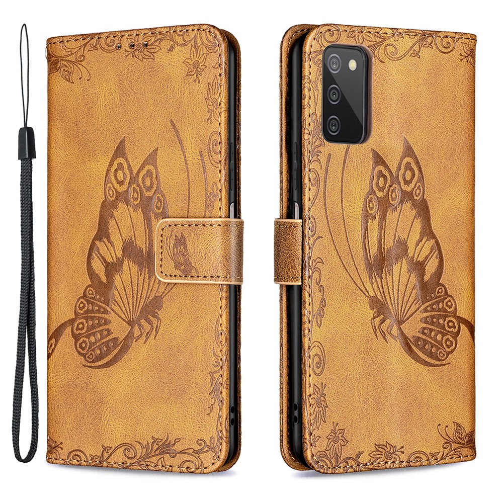 Imprint Butterfly Flower Leather Wallet Mobile Phone Shell for Samsung Galaxy A03s - Brown-1