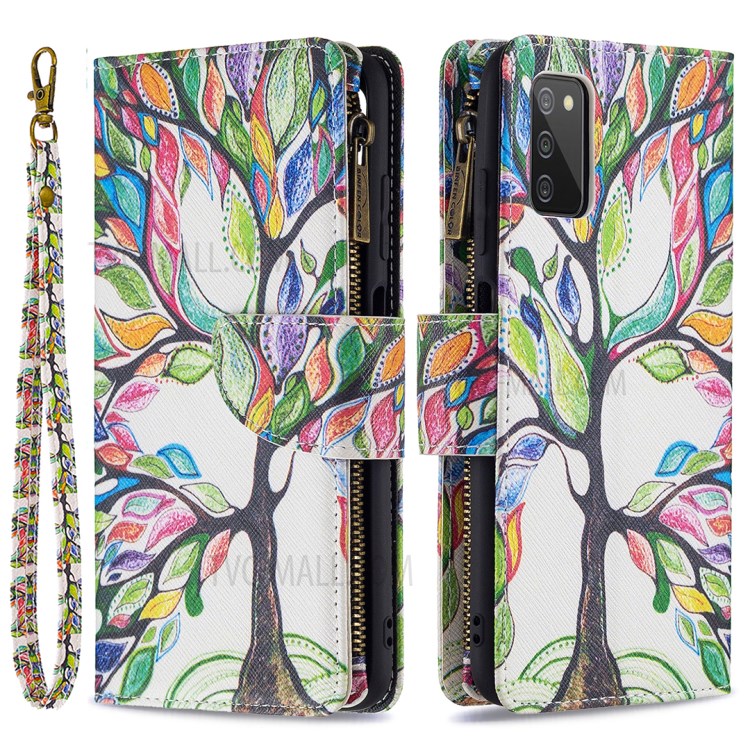 Soft PU Leather Pattern Printing Zipper Flip Folio Wallet with Wrist Strap Stand Protective Case for Samsung Galaxy A03s - Colorful Tree-1