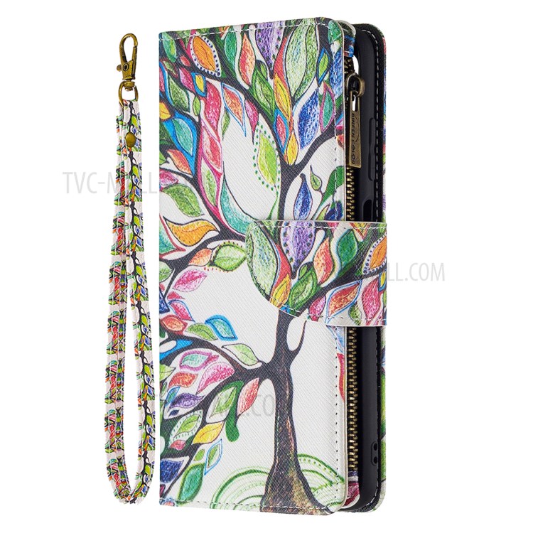 Soft PU Leather Pattern Printing Zipper Flip Folio Wallet with Wrist Strap Stand Protective Case for Samsung Galaxy A03s - Colorful Tree-2