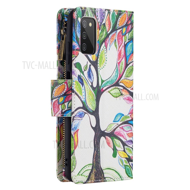 Soft PU Leather Pattern Printing Zipper Flip Folio Wallet with Wrist Strap Stand Protective Case for Samsung Galaxy A03s - Colorful Tree-3