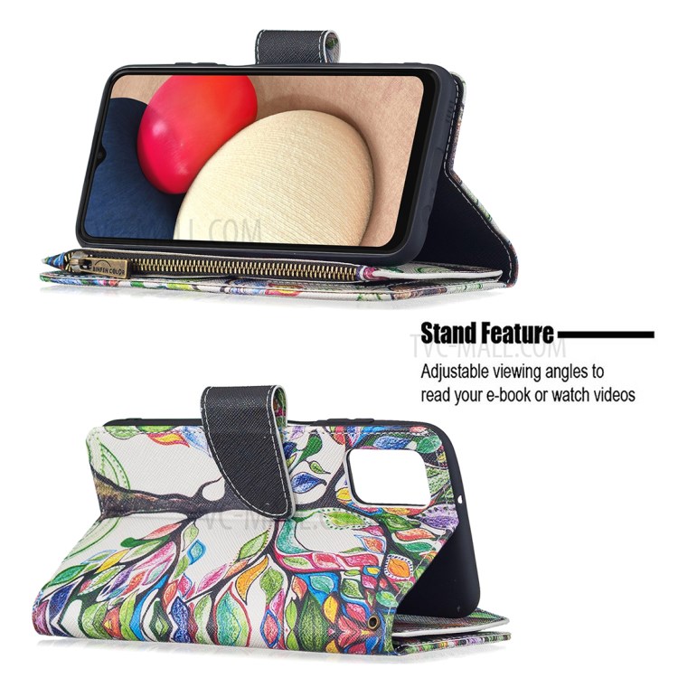 Soft PU Leather Pattern Printing Zipper Flip Folio Wallet with Wrist Strap Stand Protective Case for Samsung Galaxy A03s - Colorful Tree-4