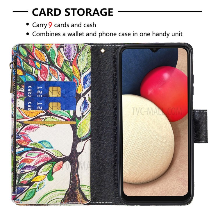 Soft PU Leather Pattern Printing Zipper Flip Folio Wallet with Wrist Strap Stand Protective Case for Samsung Galaxy A03s - Colorful Tree-5