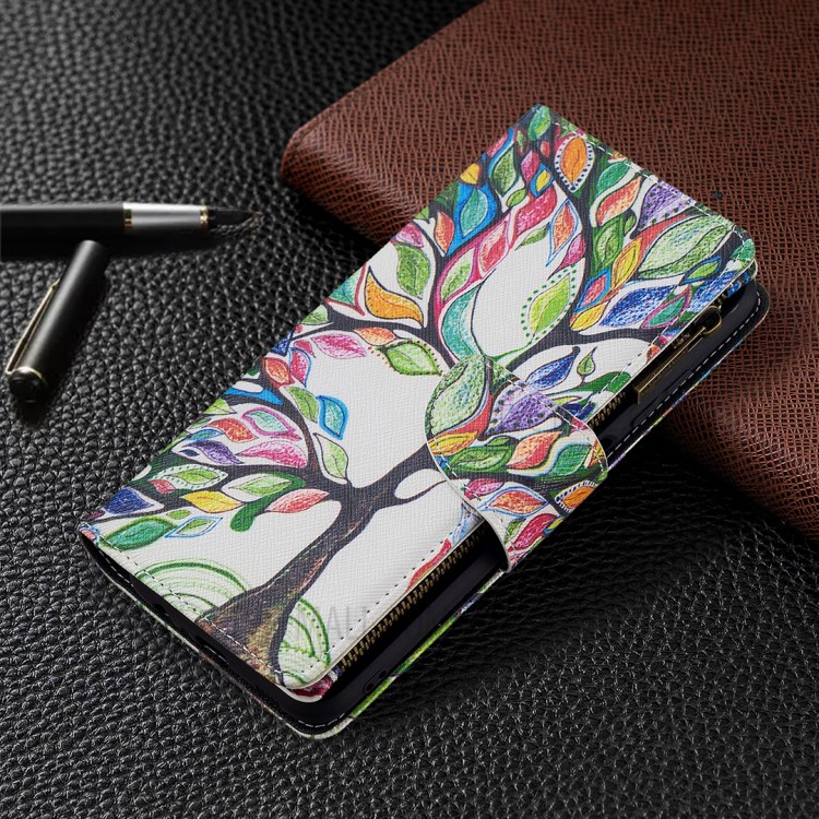Soft PU Leather Pattern Printing Zipper Flip Folio Wallet with Wrist Strap Stand Protective Case for Samsung Galaxy A03s - Colorful Tree-6