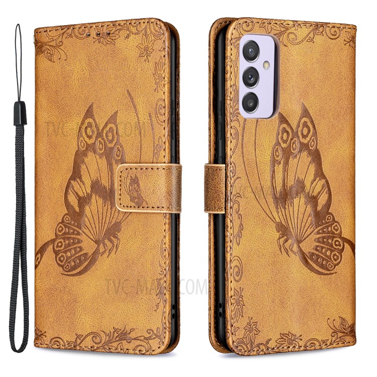 Imprint Butterfly Flower Wallet Leather Cell Phone Shell with Stand for Samsung Galaxy A82 5G - Brown-1