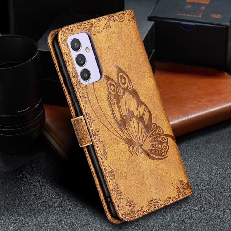 Imprint Butterfly Flower Wallet Leather Cell Phone Shell with Stand for Samsung Galaxy A82 5G - Brown-7
