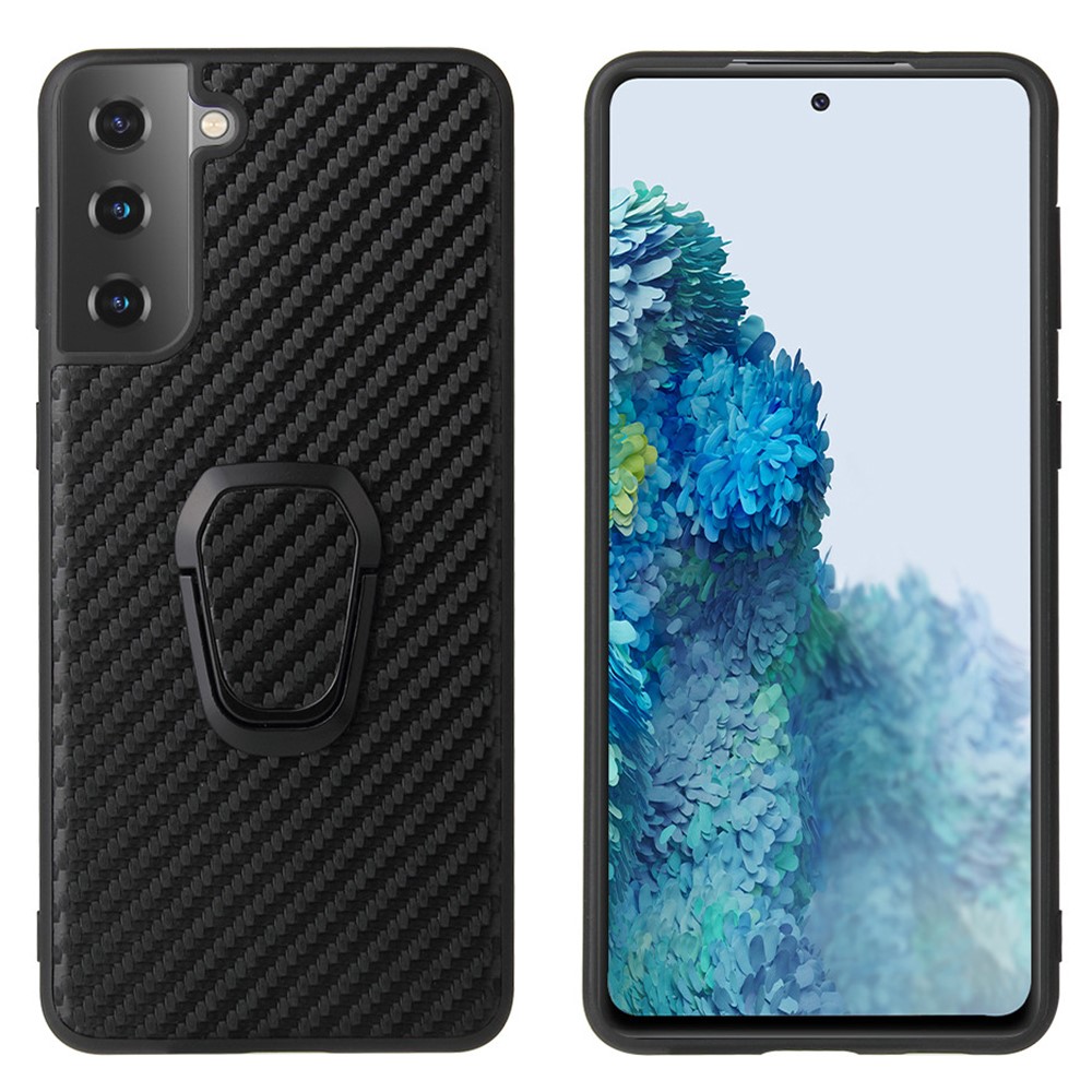 Slim PU Leather Thin Elegant TPU Bumper Soft Anti-Slip Protective Kickstand Phone Cover for Samsung Galaxy S21 FE - Carbon Fiber Texture-1