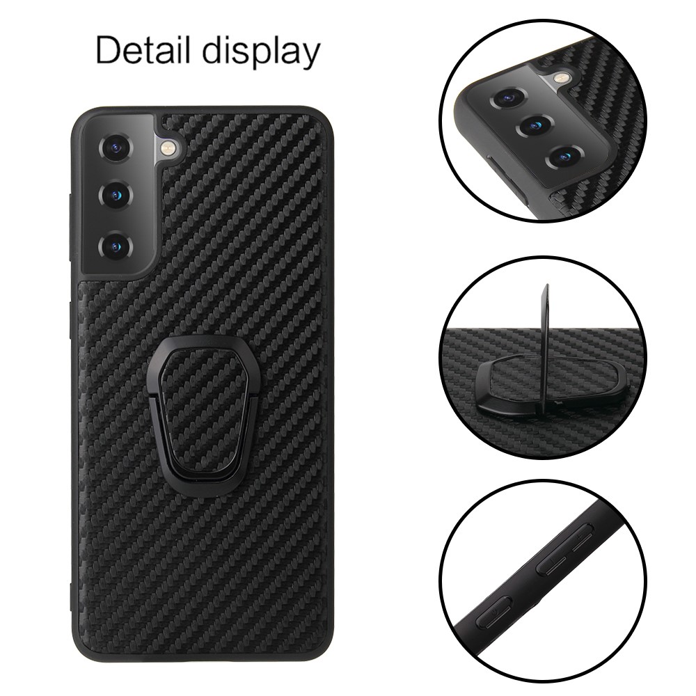 Slim PU Leather Thin Elegant TPU Bumper Soft Anti-Slip Protective Kickstand Phone Cover for Samsung Galaxy S21 FE - Carbon Fiber Texture-2