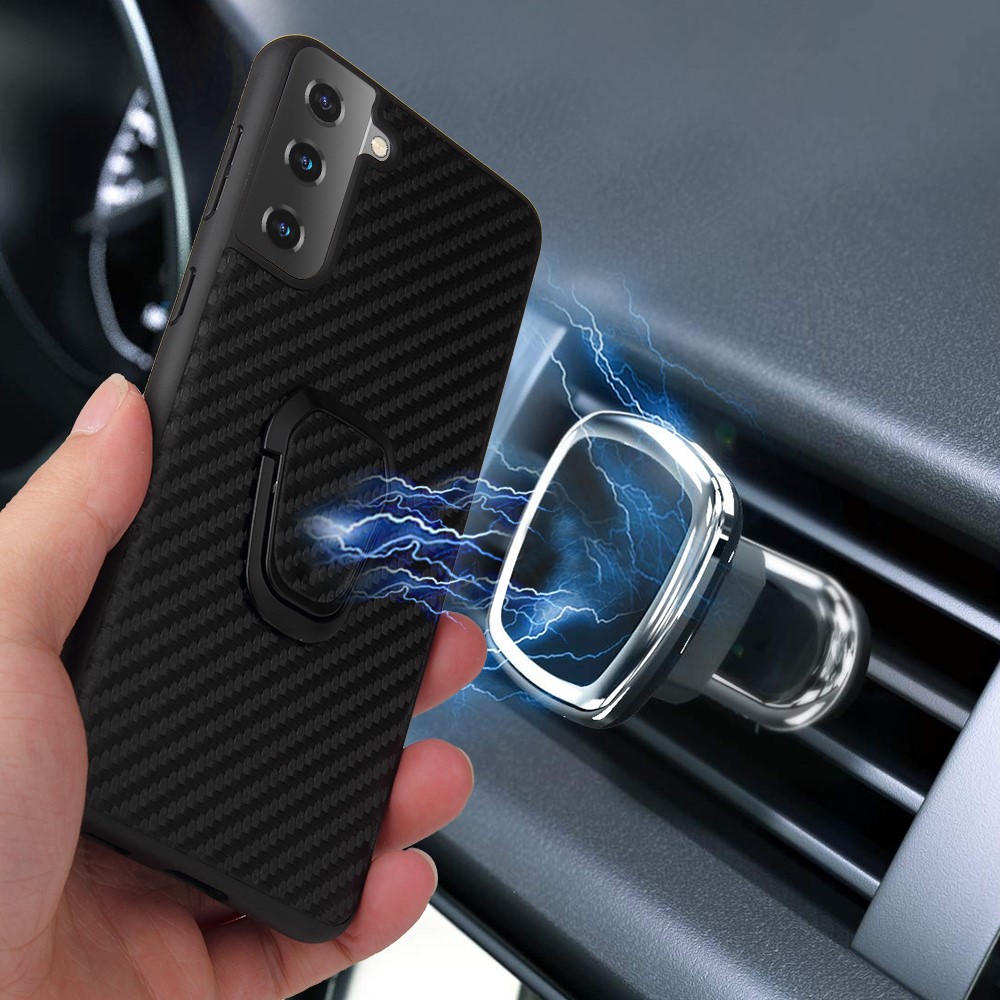 Slim PU Leather Thin Elegant TPU Bumper Soft Anti-Slip Protective Kickstand Phone Cover for Samsung Galaxy S21 FE - Carbon Fiber Texture-5