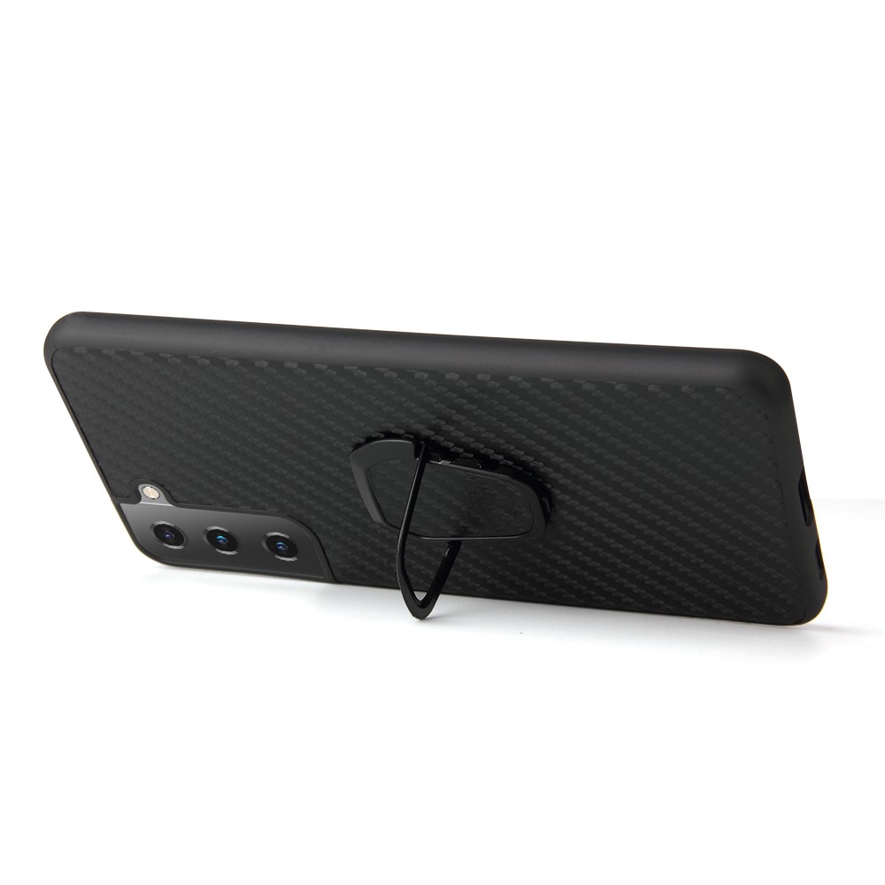 Slim PU Leather Thin Elegant TPU Bumper Soft Anti-Slip Protective Kickstand Phone Cover for Samsung Galaxy S21 FE - Carbon Fiber Texture-7