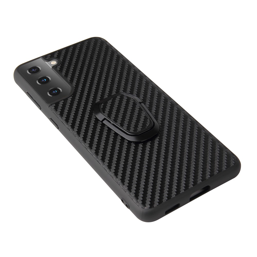 Slim PU Leather Thin Elegant TPU Bumper Soft Anti-Slip Protective Kickstand Phone Cover for Samsung Galaxy S21 FE - Carbon Fiber Texture-8