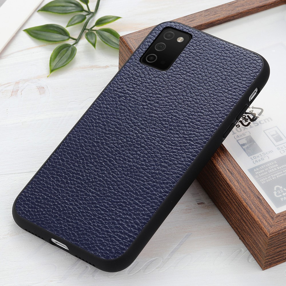 Genuine Leather Coated PC+TPU Case Litchi Texture Phone Back Cover Shell for Samsung Galaxy A03s - Blue-2