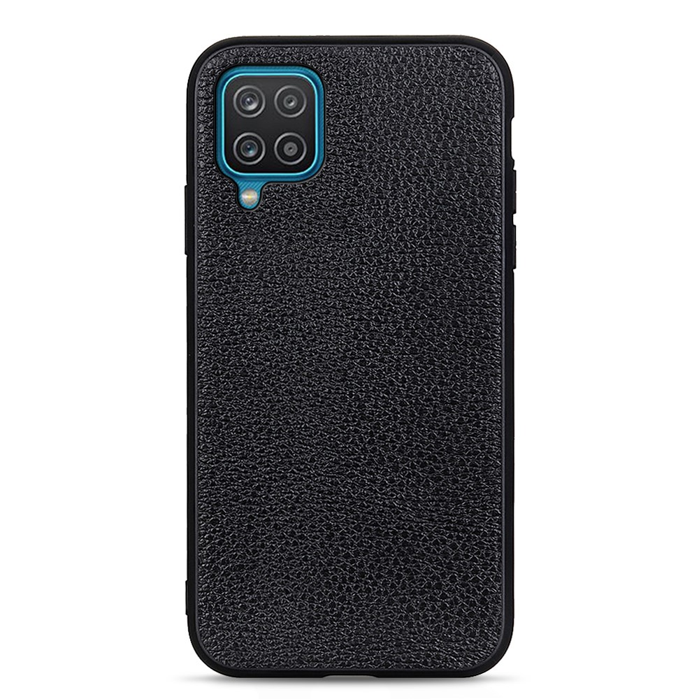 Litchi Texture Genuine Leather Coated PC Phone Back Case Shell for Samsung Galaxy A12 - Black-1