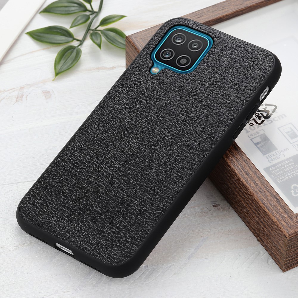 Litchi Texture Genuine Leather Coated PC Phone Back Case Shell for Samsung Galaxy A12 - Black-2