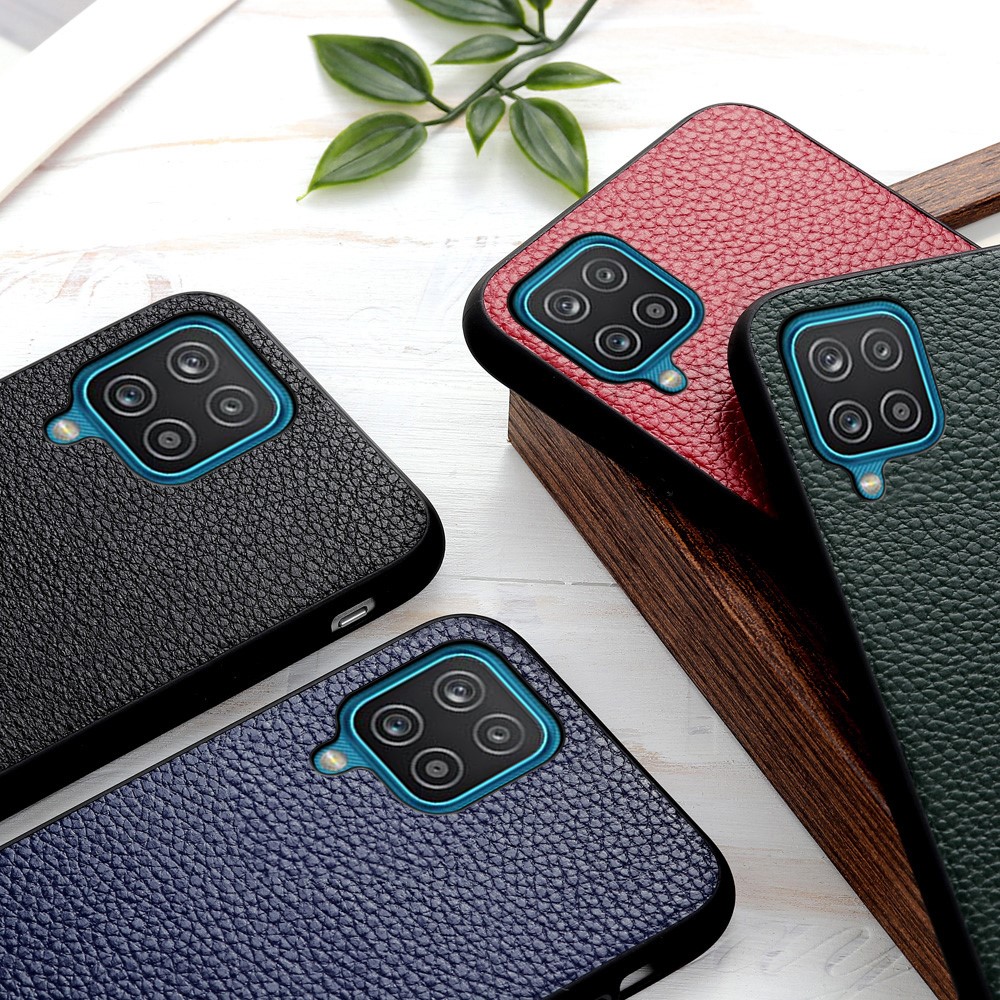 Litchi Texture Genuine Leather Coated PC Phone Back Case Shell for Samsung Galaxy A12 - Black-3