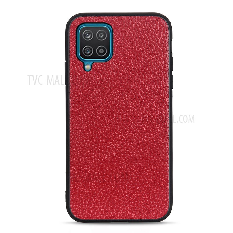 Litchi Texture Genuine Leather Coated PC Phone Back Case Shell for Samsung Galaxy A12 - Red-1