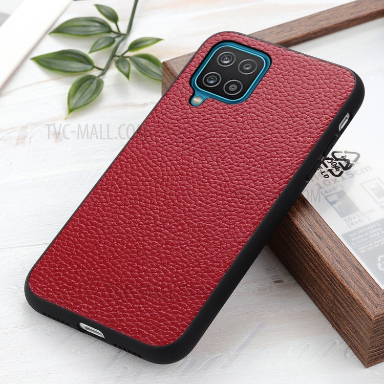 Litchi Texture Genuine Leather Coated PC Phone Back Case Shell for Samsung Galaxy A12 - Red-2