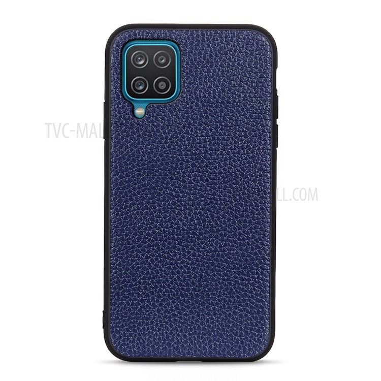 Litchi Texture Genuine Leather Coated PC Phone Back Case Shell for Samsung Galaxy A12 - Blue-1