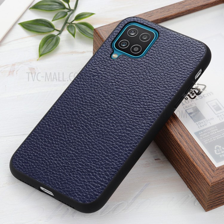 Litchi Texture Genuine Leather Coated PC Phone Back Case Shell for Samsung Galaxy A12 - Blue-2