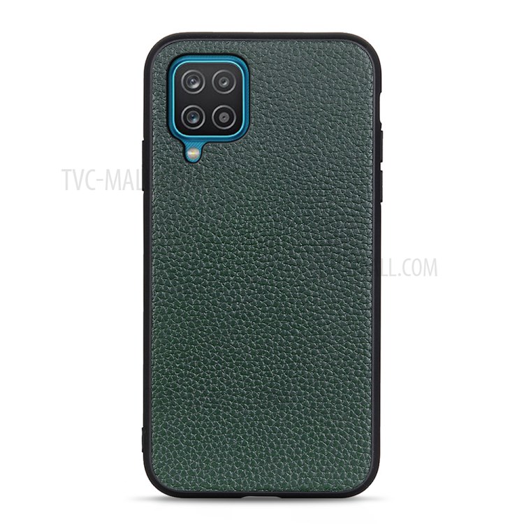 Litchi Texture Genuine Leather Coated PC Phone Back Case Shell for Samsung Galaxy A12 - Green-1