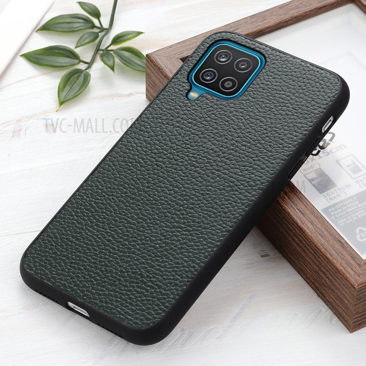 Litchi Texture Genuine Leather Coated PC Phone Back Case Shell for Samsung Galaxy A12 - Green-2