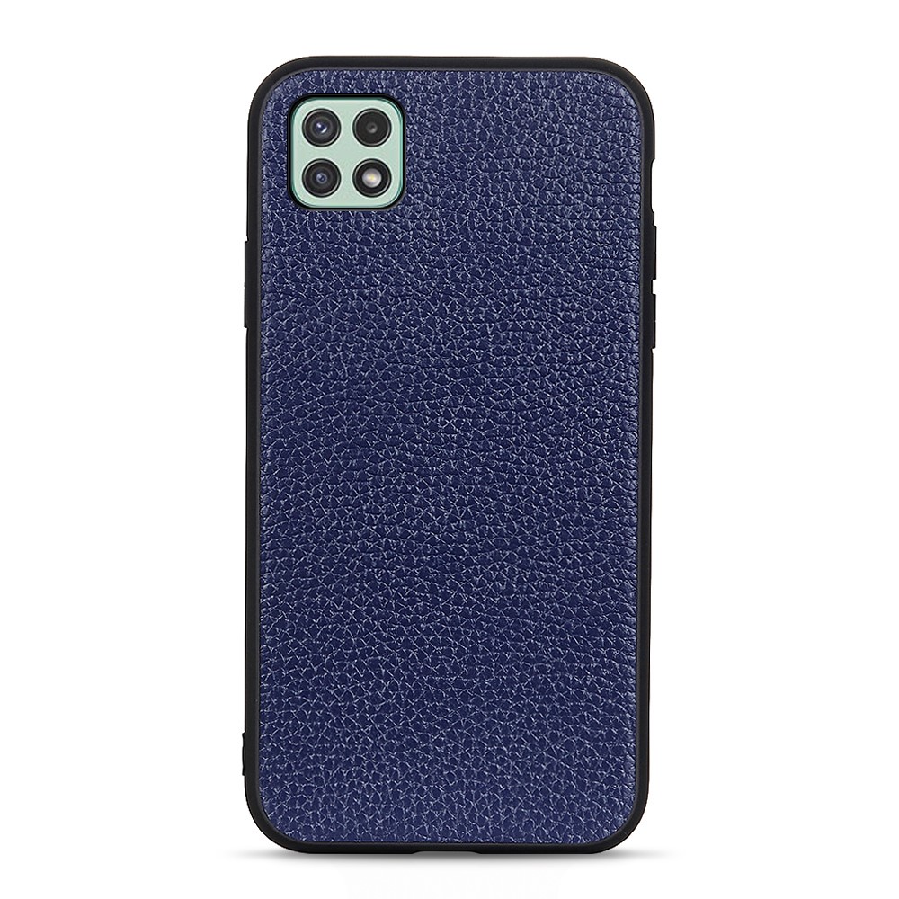 Litchi Skin Genuine Leather Coated PC+TPU Hybrid Back Case Cellphone Cover for Samsung Galaxy A22 5G (EU Version) - Blue-1