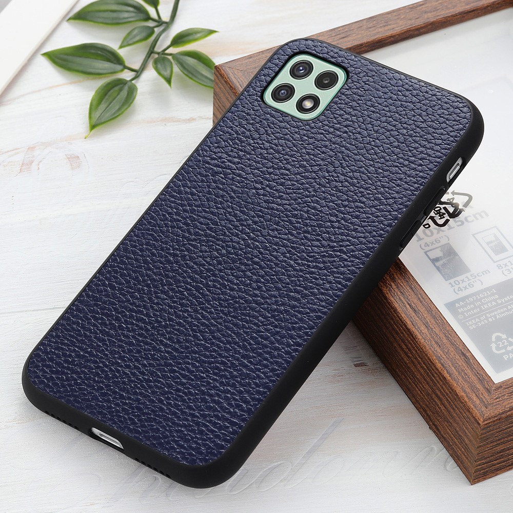 Litchi Skin Genuine Leather Coated PC+TPU Hybrid Back Case Cellphone Cover for Samsung Galaxy A22 5G (EU Version) - Blue-2