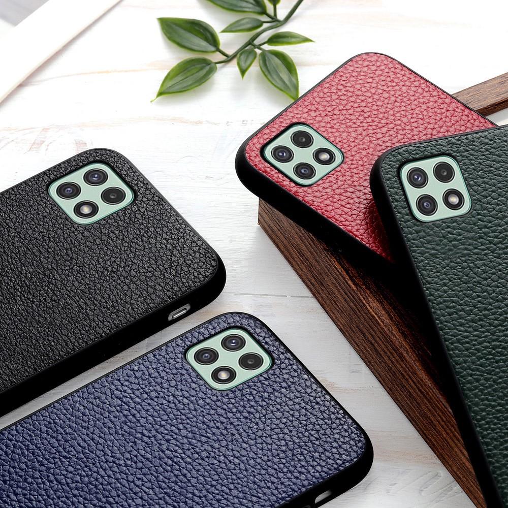 Litchi Skin Genuine Leather Coated PC+TPU Hybrid Back Case Cellphone Cover for Samsung Galaxy A22 5G (EU Version) - Blue-3