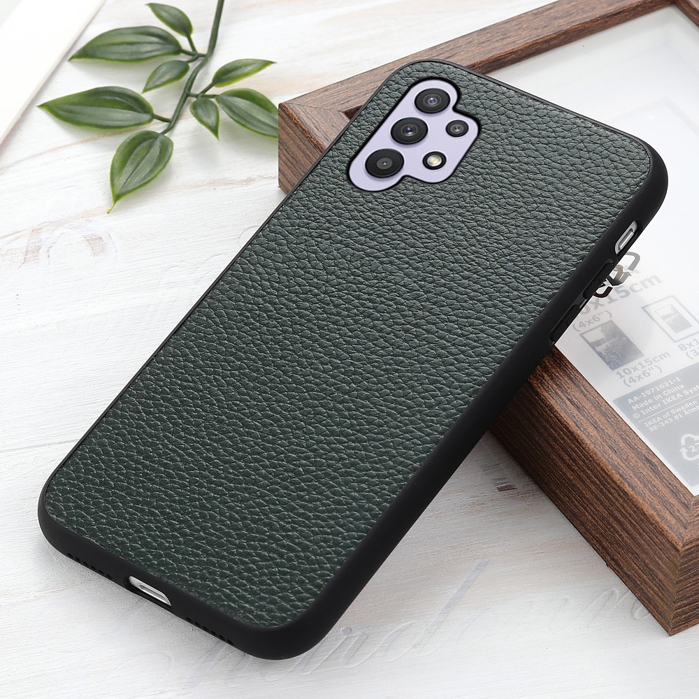 Litchi Skin Genuine Leather Coated PC+TPU Combo Back Case Phone Protective Shell for Samsung Galaxy A32 5G - Green-2