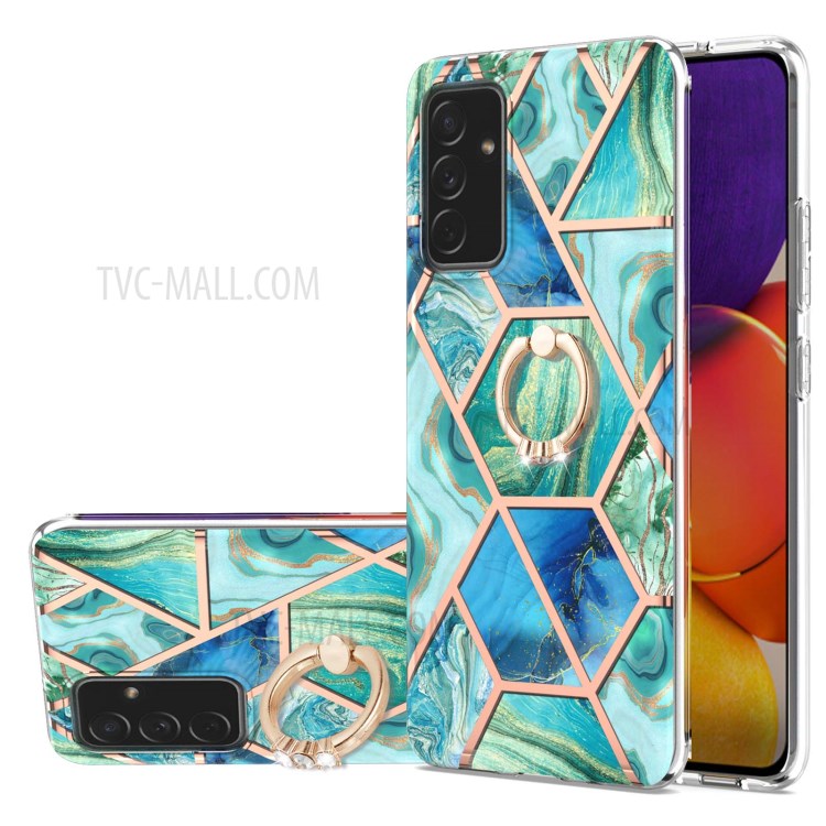 Finger Ring Kickstand IMD IML Plating Marble Pattern TPU Case (2.0mm) for Samsung Galaxy A82 5G - Blue/Green-1