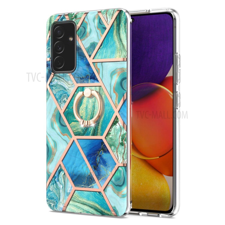 Finger Ring Kickstand IMD IML Plating Marble Pattern TPU Case (2.0mm) for Samsung Galaxy A82 5G - Blue/Green-2
