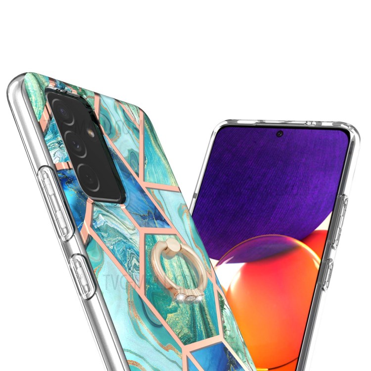 Finger Ring Kickstand IMD IML Plating Marble Pattern TPU Case (2.0mm) for Samsung Galaxy A82 5G - Blue/Green-3