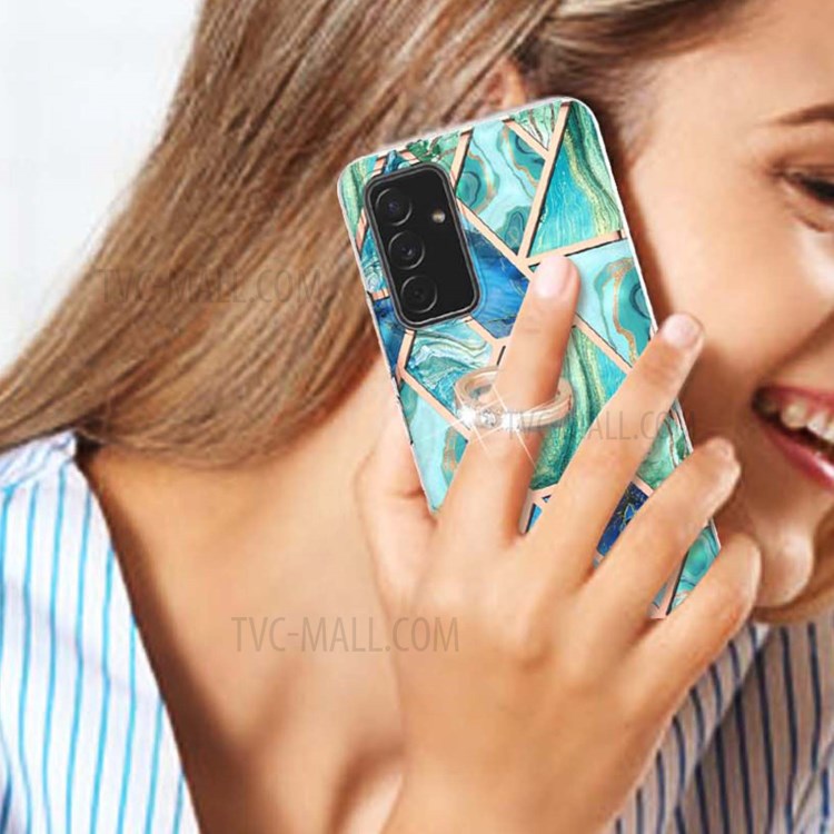 Finger Ring Kickstand IMD IML Plating Marble Pattern TPU Case (2.0mm) for Samsung Galaxy A82 5G - Blue/Green-4