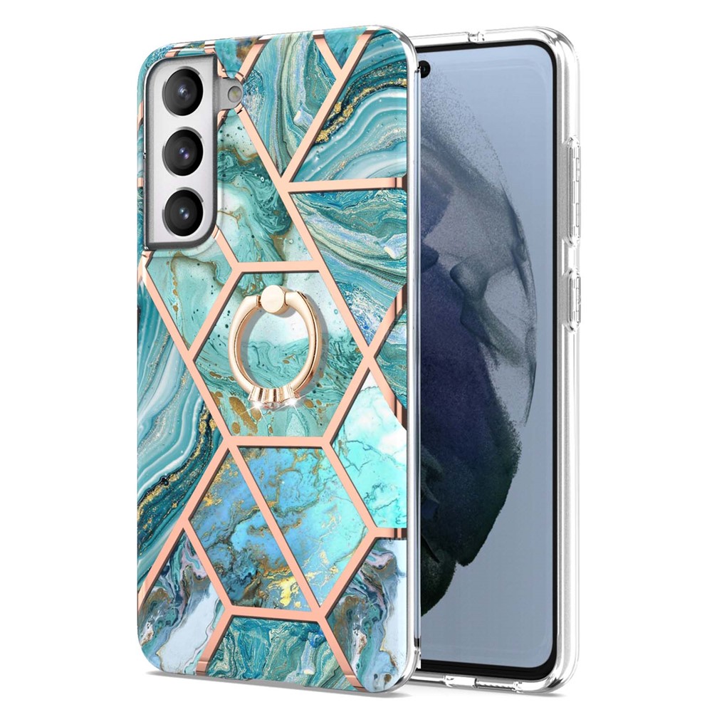 IMD IML Plating Marble Pattern TPU Case with Finger Ring Kickstand (2.0mm) for Samsung Galaxy S21 FE/S21 Fan Edition - Blue-2