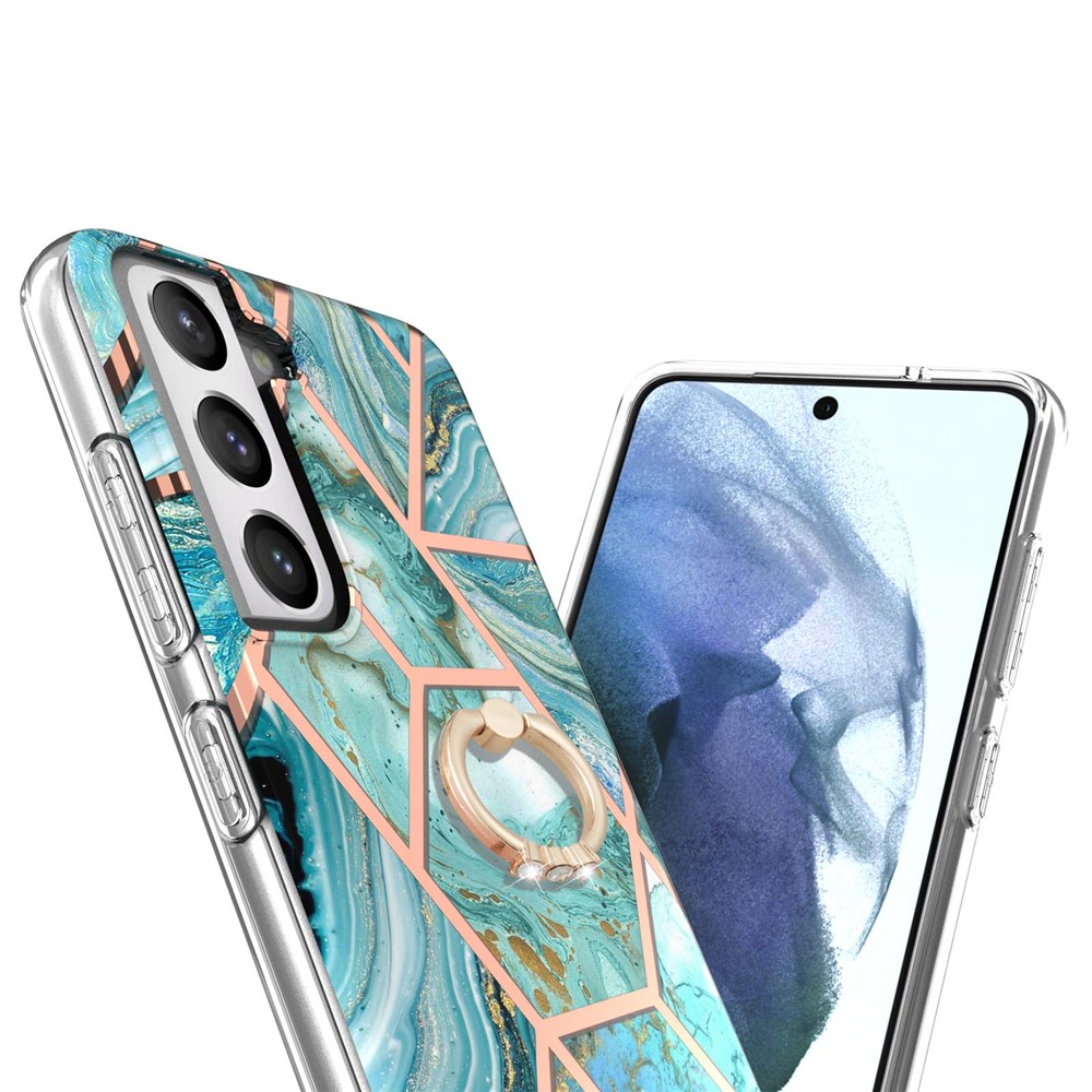 IMD IML Plating Marble Pattern TPU Case with Finger Ring Kickstand (2.0mm) for Samsung Galaxy S21 FE/S21 Fan Edition - Blue-3