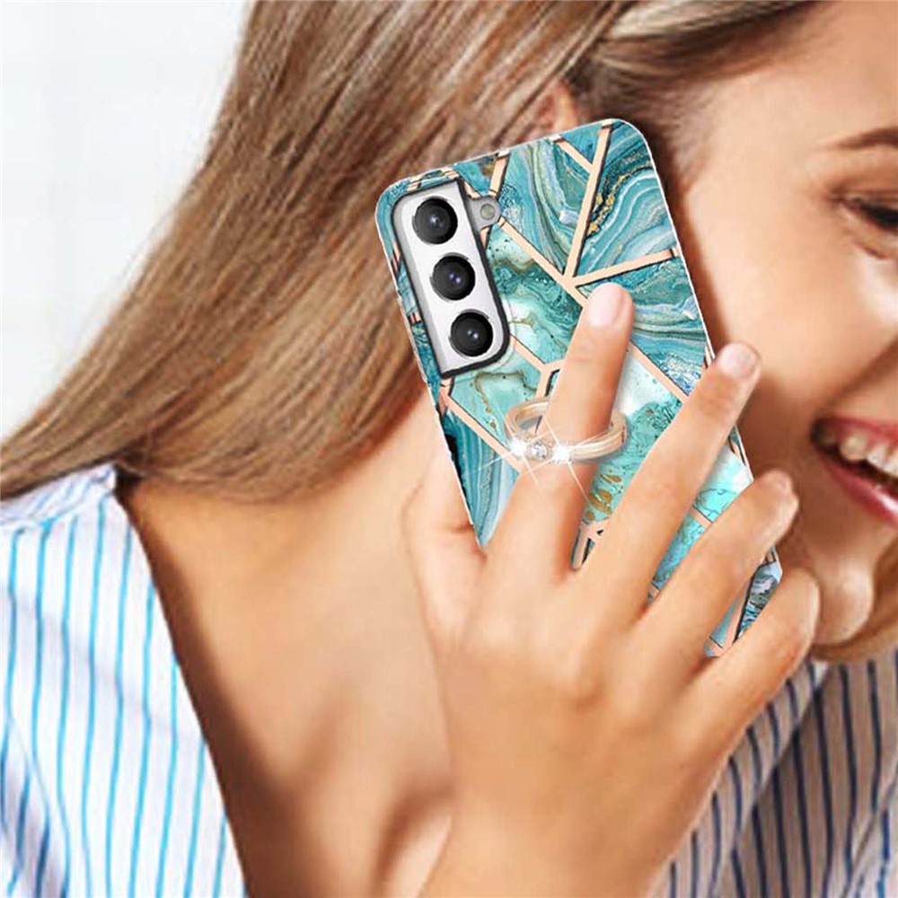 IMD IML Plating Marble Pattern TPU Case with Finger Ring Kickstand (2.0mm) for Samsung Galaxy S21 FE/S21 Fan Edition - Blue-4
