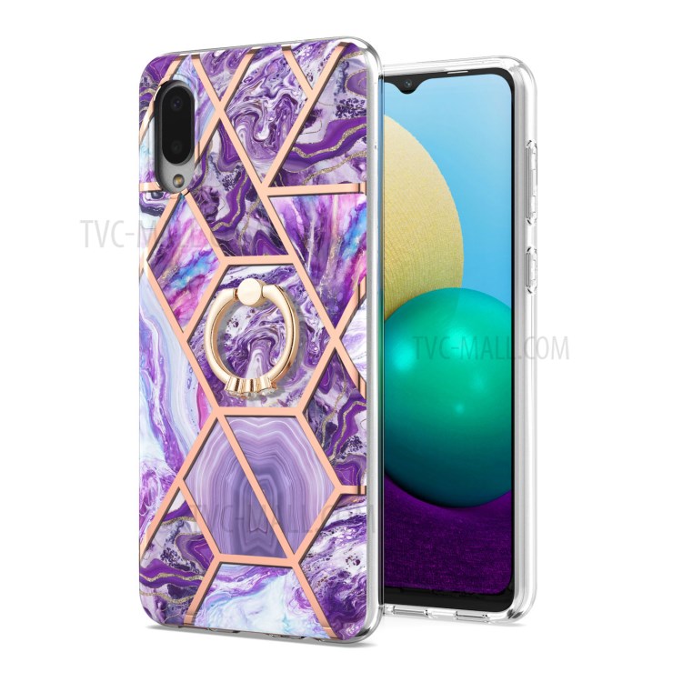 Finger Ring Kickstand IMD IML Plating Marble Pattern TPU Cover (2.0mm) for Samsung Galaxy A02/M02 - Dark Purple-2