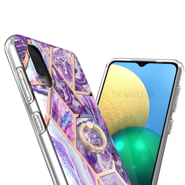 Finger Ring Kickstand IMD IML Plating Marble Pattern TPU Cover (2.0mm) for Samsung Galaxy A02/M02 - Dark Purple-3