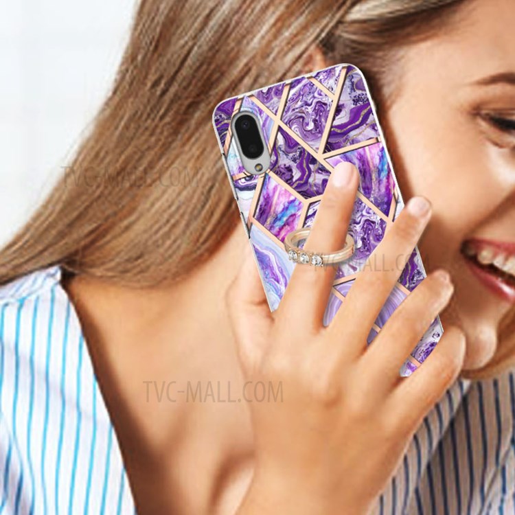 Finger Ring Kickstand IMD IML Plating Marble Pattern TPU Cover (2.0mm) for Samsung Galaxy A02/M02 - Dark Purple-4