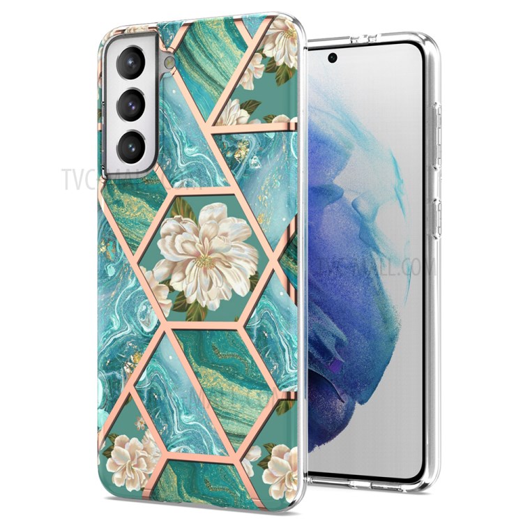 Soft TPU 2.0mm IMD IML Electroplating Marble Phone Case with Flower Pattern for Samsung Galaxy S21+ 5G - Green Marble/Flower-1