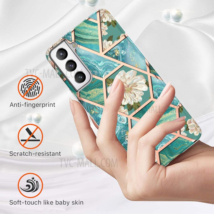 Soft TPU 2.0mm IMD IML Electroplating Marble Phone Case with Flower Pattern for Samsung Galaxy S21+ 5G - Green Marble/Flower-2