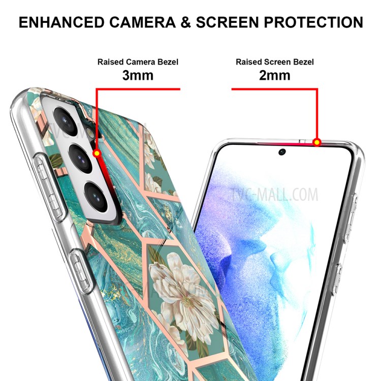 Soft TPU 2.0mm IMD IML Electroplating Marble Phone Case with Flower Pattern for Samsung Galaxy S21+ 5G - Green Marble/Flower-4